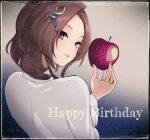  1girl apple arm_at_side artist_name assault_lily bangs blue_background brown_hair commentary food framed from_behind fruit gradient gradient_background grey_background hair_ornament hand_up happy_birthday holding holding_food holding_fruit hotaru_(ultraroly_poly) jacket jewelry long_sleeves looking_at_viewer looking_back medium_hair nakahara_mary_tomoyo outside_border parted_bangs parted_lips purple_eyes ring smile solo upper_body white_jacket 