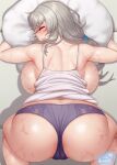  1girl artist_name ass blush breast_press breasts breasts_out closed_eyes closed_mouth clothes_lift dress dress_lift embarrassed from_above gonster grey_hair hair_over_shoulder highres huge_breasts large_breasts long_hair object_hug panties pillow pillow_hug purple_panties solo sweat tank_top top-down_bottom-up underwear uzaki-chan_wa_asobitai! uzaki_tsuki white_dress white_tank_top 