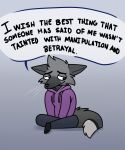  anthro canid canine clothing dialogue english_text fox fur grey_body grey_fur hi_res hoodie male mammal sad solo text topwear whiskers zingazary_(artist) 