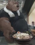  2022 anthro belly big_belly brown_body brown_nose clothing detailed_background food hi_res humanoid_hands iwbsb_kuma kemono male mammal overweight overweight_male shirt solo topwear towel towel_around_neck ursid 