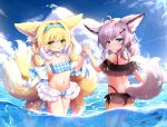  2girls absurdres ahoge animal_ear_fluff animal_ears arknights ass bangs bikini black_bikini blonde_hair blue_bikini blue_choker blue_eyes blue_hairband blue_sky blush braid breasts chestnut_mouth choker cloud cloudy_sky collarbone day detached_sleeves extra_ears feet_out_of_frame fox_ears fox_girl fox_tail frilled_bikini frills from_behind green_eyes hair_between_eyes hair_intakes hair_ornament hair_over_shoulder hairband hairclip hehehzb highres holding_hands looking_at_viewer looking_back medium_hair multicolored_hair multiple_girls multiple_tails navel ocean off-shoulder_bikini off_shoulder open_mouth outdoors partially_underwater_shot plaid plaid_bikini purple_hair shiny shiny_hair sidelocks sky small_breasts standing sussurro_(arknights) suzuran_(arknights) swimsuit tail tail_raised thighhighs twin_braids twintails two-tone_hair wading water wet white_hair wristband 