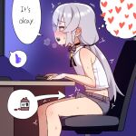  1boy at_computer bare_arms black_choker blush bow braid bulge chair choker english_text erection erection_under_clothes from_side grey_hair hair_bow heart ikr_(artist) keyboard_(computer) long_hair male_focus open_mouth otoko_no_ko precum_through_clothes shirt short_shorts shorts sitting sleeveless sleeveless_shirt solo speech_bubble spoken_heart teeth thought_bubble tongkkangi tongkkangi_(streamer) upper_teeth white_shirt 