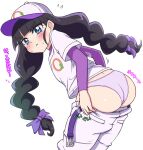  1girl bangs baseball_cap black_hair blue_eyes blunt_bangs blush braid clothes_pull commentary_request delicious_party_precure fuji_hyorone hat kasai_amane long_hair panties pants pants_pull pout precure purple_panties shirt_under_shirt solo twin_braids underwear white_background 