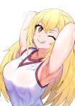  ;p armpits arms_behind_head arms_up bangs blonde_hair breasts elbow_gloves gloves gym_shirt large_breasts long_hair looking_at_viewer one_eye_closed shirt shokuhou_misaki sikijou77o sleeveless sleeveless_shirt smile sparkling_eyes toaru_kagaku_no_mental_out toaru_kagaku_no_railgun toaru_majutsu_no_index tongue tongue_out upper_body white_background white_gloves white_shirt yellow_eyes 