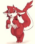  2022 3_fingers 3_toes anthro digital_media_(artwork) dragon featureless_chest featureless_crotch feet female fingers fur furred_dragon hi_res kemono looking_up macon_maro open_mouth red_body red_eyes red_fur simple_background solo toes walking white_background white_body white_fur 