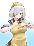  1girl 30-06 apron bandana blue_eyes breasts chopsticks frown hair_ornament hair_over_one_eye hamakaze_(kancolle) highres holding holding_plate kantai_collection large_breasts looking_at_viewer plate sailor_collar school_uniform serafuku short_hair simple_background 
