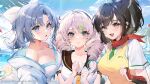  3girls asuka_(senran_kagura) bad_link benghuai_xueyuan breasts highres honkai_(series) kiana_kaslana kuuus mihoyo multiple_girls official_art senran_kagura yumi_(senran_kagura) 