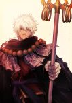  1boy bangs black_robe brown_background closed_mouth gintama hair_between_eyes half-closed_eyes highres holding holding_staff long_sleeves male_focus ofuda open_clothes open_robe red_eyes robe sakata_gintoki simple_background solo staff uraki_(tetsu420) white_hair wide_sleeves 