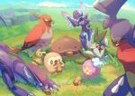  :d ^_^ bird bread bright_pupils brown_eyes ceruledge clodsire closed_eyes commentary_request day drifloon eating food garchomp grass highres holding holding_food meowscarada mimikyu miraidon mokukitusui mouth_hold open_mouth outdoors owl pokemon pokemon_(creature) rowlet sandwich smile talonflame white_pupils 