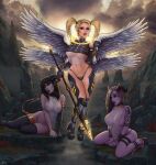 angel areola big_breasts breasts cleavage clothed clothing demon devil_horns_(disambiguation) feathered_wings feathers female female/female group hi_res horn humanoid looking_at_viewer nipples ottomarr succubus trio wings 