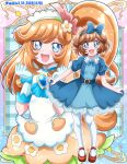  1girl apron bangs blue_dress blue_eyes blue_gloves blue_theme brooch brown_hair delicious_party_precure dress full_body gloves hanzou headband heart_brooch highres jewelry long_hair multiple_views one_side_up open_mouth orange_hair pam-pam_(precure) pam-pam_(precure)_(human) pantyhose precure red_footwear short_hair smile white_pantyhose 