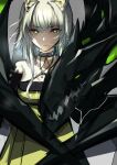  1girl absurdres animal_ear_fluff animal_ears arknights bangs bare_shoulders breasts cat_ears choker chuhaibane cleavage closed_mouth dress green_dress green_eyes green_hair grey_background highres kal&#039;tsit_(arknights) looking_at_viewer medium_breasts medium_hair mon3tr_(arknights) monster off-shoulder_dress off-shoulder_jacket off_shoulder oripathy_lesion_(arknights) 