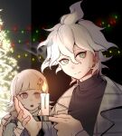  1boy 1girl :o alternate_costume bangs black_background blunt_bangs bottle brown_eyes candle candlelight danganronpa_(series) danganronpa_2:_goodbye_despair galaga grey_jacket hair_between_eyes hair_ornament highres holding holding_bottle jacket komaeda_nagito looking_at_another looking_at_viewer medium_hair messy_hair nanami_chiaki open_clothes open_jacket pink_eyes plaid plaid_jacket seumol_sx shiny shiny_hair smile upper_body 