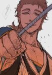  1boy armguards bleach bleach:_the_thousand-year_blood_war brown_hair chest_hair highres holding holding_sword holding_weapon japanese_clothes long_sideburns male_focus mature_male obana_danjirou pectoral_cleavage pectorals ponytail sideburns smile sword weapon 