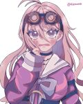  1girl antenna_hair bangs barbed_wire black_gloves blonde_hair blush bow bowtie breasts danganronpa_(series) danganronpa_v3:_killing_harmony fingerless_gloves gloves goggles goggles_on_head ha_kuishibare hair_between_eyes hand_up highres iruma_miu large_breasts long_hair looking_at_viewer o-ring open_mouth sailor_collar shirt smile white_sailor_collar 