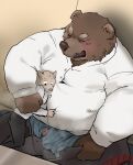 2022 anthro belly big_belly blush bottomwear brown_body brown_fur canid canine clothing duo fur genitals hi_res humanoid_hands iwbsb_kuma kemono male mammal musk overweight overweight_male pants penis shirt sitting size_difference topwear ursid 