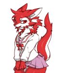  2022 anthro blush bottomwear clothing digital_media_(artwork) dragon female frill_(anatomy) fur furred_dragon hi_res holding_clothing holding_object japanese_school_uniform kemono looking_aside macon_maro neck_frill open_mouth red_body red_eyes red_fur ribbons serafuku simple_background skirt smile solo standing white_background white_body white_fur 