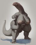  anthro areola belly big_areola big_belly big_breasts breasts closed_smile dinosaur female full-length_portrait genitals grey_background grey_body hi_res huge_breasts mouth_closed nipples nude overweight overweight_anthro overweight_female portrait pussy reptile scalie simple_background solo standing unsigned upai wide_hips 