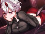  1girl beelzebub_(helltaker) black_shirt breasts demon_girl demon_horns demon_tail earrings freckles fujioka_yatsufusa hand_on_own_chin helltaker horns jewelry looking_at_viewer lying on_bed on_stomach pants red_eyes red_pants shirt smug tail white_hair white_horns 