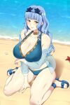  1girl bare_shoulders beach bikini blue_bikini blue_footwear blue_hair blue_hairband blue_nails breasts brown_eyes choker cleavage collarbone fire_emblem fire_emblem:_three_houses fire_emblem_warriors:_three_hopes hairband hand_on_ground highres jacket large_breasts lindaroze long_hair looking_at_viewer marianne_von_edmund outdoors platform_footwear sand see-through see-through_jacket sitting smile solo swimsuit thick_thighs thighs toes wariza water 