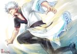  1boy bangs black_footwear black_pants black_shirt boots collarbone gintama grey_hair grin hadanugi_dousa hair_between_eyes highres japanese_clothes kimono long_sleeves looking_away male_focus pants red_eyes sakata_gintoki shirt short_sleeves smile solo twitter_username uraki_(tetsu420) white_kimono wide_sleeves 