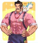  1boy apron arm_hair border buttons closed_eyes collared_shirt commentary_request covered_abs domo_hanken facial_hair hands_on_hips highres lanyard male_focus muscular muscular_male mustache notice_lines pachirisu parted_lips pink_shirt pokemon pokemon_(creature) pokemon_(game) pokemon_sv saguaro_(pokemon) shirt short_hair sparkle suspenders thick_eyebrows waist_apron white_border yellow_background 