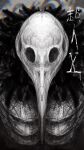  1boy ai_indigo animal_skull beak bestial_choujin choujin_x dark facing_viewer feather_collar grey_background greyscale highres hollow_eyes kurohara_tokio_(choujin_x) monochrome ribs simple_background skull solo 