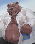  2022 anthro belly big_belly bodily_fluids brown_body brown_fur can clothed clothing container fur hi_res humanoid_hands iwbsb_kuma kemono male mammal moobs open_clothing open_shirt open_topwear outside overweight overweight_male shirt solo sweat topwear ursid 