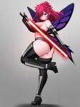  1girl absurdres alternate_costume ass bangs bare_shoulders black_panties blue_eyes boots breasts butterfly_wings commission elbow_gloves facial_mark fairy_wings fire_emblem fire_emblem_heroes flower full_body gloves hair_ornament highres holding_lightsaber jaxdrawz large_breasts leg_up long_hair panties red_lightsaber sideboob solo standing standing_on_one_leg thigh_boots triandra_(fire_emblem) underwear wings 