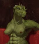  abs anthro brown_nipples female green_body green_breasts half-length_portrait head_spikes hi_res looking_at_viewer mouth_closed muscular muscular_anthro muscular_female nipples nude portrait scalie simple_background solo spikes spikes_(anatomy) unsigned upai yellow_eyes 