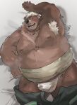  2022 anthro armpit_hair asian_clothing belly big_belly blush bodily_fluids body_hair brown_body brown_fur bulge clothing east_asian_clothing fundoshi fur goro_(live-a-hero) hi_res humanoid_hands iwbsb_kuma japanese_clothing kemono lifewonders live-a-hero lying male mammal moobs nipples obese obese_male overweight overweight_male solo sweat underwear ursid video_games white_clothing white_fundoshi white_underwear 