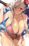  1girl 2boys american_flag_bikini asymmetrical_hair bangs bent_over bikini blue_eyes blush breasts cleavage fate/grand_order fate_(series) flag_print hair_bun highres huge_breasts kloah long_hair looking_at_viewer miyamoto_musashi_(fate) miyamoto_musashi_(swimsuit_berserker)_(fate) miyamoto_musashi_(swimsuit_berserker)_(second_ascension)_(fate) multi-strapped_bikini multiple_boys shiny shiny_hair shiny_skin single_hair_bun single_side_bun single_sidelock skindentation smile solo_focus standing swept_bangs swimsuit tan tanlines white_hair 