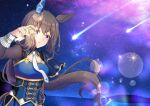  1girl admire_vega_(umamusume) animal_ears blush breasts brown_hair commentary_request falling_star highres horse_ears horse_girl horse_tail kuon_kimi long_hair medium_breasts necktie night ocean open_mouth ponytail purple_eyes sky solo star_(sky) starry_sky tail umamusume 