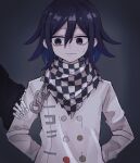  ! !! 1boy arms_behind_back bangs black_hair buttons checkered_clothes checkered_scarf closed_mouth danganronpa_(series) danganronpa_v3:_killing_harmony double-breasted grey_jacket ha_kuishibare hair_between_eyes highres jacket male_focus multicolored_hair ouma_kokichi purple_hair scarf shiny shiny_hair sideways_glance solo sweatdrop two-tone_hair 