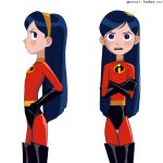  1girl absurdres black_hair bodysuit boots breasts english_commentary gloves gnsisir hairband hands_on_hips highres latex latex_gloves long_hair looking_at_viewer medium_breasts open_mouth purple_eyes superhero the_incredibles violet_parr 