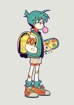  1boy backpack bag bandage_on_knee bangs edogawa_conan from_side full_body glasses green_hair green_jacket green_socks grey_background hand_in_pocket highres holding jacket meitantei_conan open_clothes open_jacket red_eyes red_footwear shiny shiny_hair shoes short_hair sideways_glance simple_background socks solo standing tenteko_mai51 white_jacket yellow_bag 