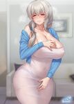  1girl artist_name bangs black_panties blue_cardigan blurry blurry_background blush breasts cardigan cleavage closed_eyes collarbone couch covered_navel covered_nipples cowboy_shot crossed_bangs dress embarrassed facing_viewer forced_smile gonster grey_dress grey_hair hair_between_eyes hair_over_shoulder hand_on_own_chest highres huge_breasts large_breasts long_hair long_sleeves no_bra open_cardigan open_clothes panties pantylines purple_panties see-through solo standing steaming_body underwear uzaki-chan_wa_asobitai! uzaki_tsuki white_dress 