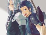  2boys 3wa_tari aqua_eyes armor bangs belt black_gloves black_hair black_jacket blue_eyes blue_shirt blurry blurry_foreground brown_belt buster_sword chest_strap crisis_core_final_fantasy_vii earrings final_fantasy final_fantasy_vii gloves grey_background grey_hair hair_slicked_back high_collar jacket jewelry long_bangs long_hair looking_at_viewer male_focus medium_hair multiple_boys open_mouth parted_bangs scar scar_on_cheek scar_on_face sephiroth shirt shoulder_armor sideburns single_earring sleeveless sleeveless_turtleneck smile suspenders teeth toned toned_male turtleneck upper_body upper_teeth waving weapon weapon_on_back zack_fair 