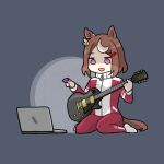  1girl absurdres animal_ears brown_hair computer guitar highres holding holding_instrument holding_plectrum horse_ears horse_girl horse_tail instrument jacket laptop long_hair multicolored_hair no_shoes oishi_oiru open_clothes open_jacket open_mouth pants plectrum purple_eyes red_jacket red_pants short_hair sitting socks solo streaked_hair tail tracen_training_uniform tsurumaru_tsuyoshi_(umamusume) umamusume wariza white_socks 