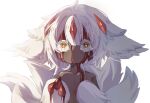  1girl animal_ears bangs bingnaxiaoke bleeding blood blood_on_face blood_on_hands blunt_bangs body_fur claws collarbone commentary crying crying_with_eyes_open dark-skinned_female dark_skin faputa fewer_digits hair_between_eyes hands_up horns looking_at_viewer made_in_abyss monster_girl multiple_horns multiple_tails no_mouth portrait red_horns short_hair simple_background solo tail tears white_background white_fur white_hair wide-eyed yellow_eyes 