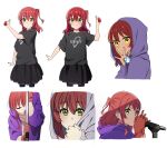  1girl absurdres bangs black_skirt bocchi_the_rock! closed_eyes closed_mouth deng_jak green_eyes hair_between_eyes highres holding holding_microphone hood hood_up hoodie kita_ikuyo long_hair looking_at_viewer microphone one_side_up open_mouth pleated_skirt purple_hoodie red_hair simple_background skirt smile solo standing white_background 
