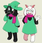  anthro barefoot black_body black_fur blush bovid caprine clothed clothing deltarune eyes_closed eyewear feet fur glasses goat hat head_tuft headgear headwear hi_res horn kayama_akimaru looking_at_viewer male mammal open_mouth ralsei scarf simple_background smile solo text tuft undertale_(series) video_games white_body white_fur 