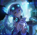  1girl bare_shoulders black_jacket blue_eyes blue_hair bronya_zaychik closed_mouth goggles goggles_on_head grey_hair hair_between_eyes headphones headphones_around_neck highres honkai_(series) honkai_impact_3rd jacket long_hair long_sleeves looking_at_viewer multicolored_hair off_shoulder shirt smile solo upper_body white_shirt xiaoyu010814 