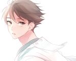  1boy aoba_johsai_volleyball_uniform brown_eyes brown_hair haikyuu!! hair_between_eyes looking_at_viewer male_focus miruru_(palegray) oikawa_tooru_(haikyuu!!) parted_lips portrait solo sportswear volleyball_uniform white_background 