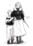  1boy 1girl arm_grab arrow_(symbol) bangs blush boots branch brother_and_sister child coat dress dungeon_meshi facing_viewer falin_thorden full_body fur-trimmed_hood fur-trimmed_sleeves fur_trim genderswap genderswap_(ftm) genderswap_(mtf) greyscale hiding hiding_behind_another highres holding holding_branch hood hood_down laios_thorden layered_sleeves long_hair long_sleeves looking_at_viewer male_child monochrome o-ring pants puffy_long_sleeves puffy_sleeves sash short_hair short_over_long_sleeves short_sleeves siblings simple_background stitches turtleneck urako_(iamurako) winter_clothes 