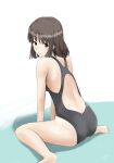  1girl absurdres amagami bare_arms bare_legs barefoot blush brown_eyes brown_hair competition_school_swimsuit competition_swimsuit feet_out_of_frame from_behind grey_one-piece_swimsuit gyuunyuu_pack_(tanaka) highres looking_at_viewer looking_back medium_hair one-piece_swimsuit open_mouth school_swimsuit shiny shiny_hair shoulder_blades sitting sketch soles solo straight_hair sweatdrop swimsuit tanaka_keiko wariza white_background 