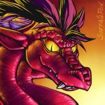  big_eyes bust_portrait dragon ears_back glaring_at_viewer glowing glowing_eyes head_hair horn low_res pfp pivoted_ears portrait red_body red_dragon red_scales scales scalie shaded sharp_teeth simple_background softailfox teeth yellow_eyes 