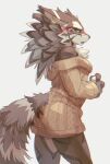  2022 anthro birry41 blush bottomless brown_body brown_fur canid canine canis clothed clothing dress ear_piercing fur green_eyes jackal lifewonders male mammal piercing seth_(tas) solo striped_body striped_fur stripes sweater sweater_only tokyo_afterschool_summoners topwear topwear_only video_games white_body white_fur 
