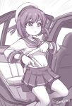  1girl artist_name bob_cut braid car car_interior clothes_lift commentary_request ebifly etorofu_(kancolle) feet_out_of_frame gloves ground_vehicle gun handgun hat kantai_collection lifted_by_self long_sleeves monochrome motor_vehicle navel neckerchief pleated_skirt purple_theme sailor_hat school_uniform serafuku shirt_lift shorts shorts_under_skirt side_braid skirt solo thick_eyebrows twin_braids weapon weapon_request 