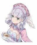  1girl blue_eyes breasts cape curly_hair dress gloves hat head_wings highres kafuuchino_(chouti) long_hair long_sleeves looking_at_viewer medium_breasts melia_antiqua short_dress simple_background smile solo tea upper_body xenoblade_chronicles_(series) xenoblade_chronicles_1 